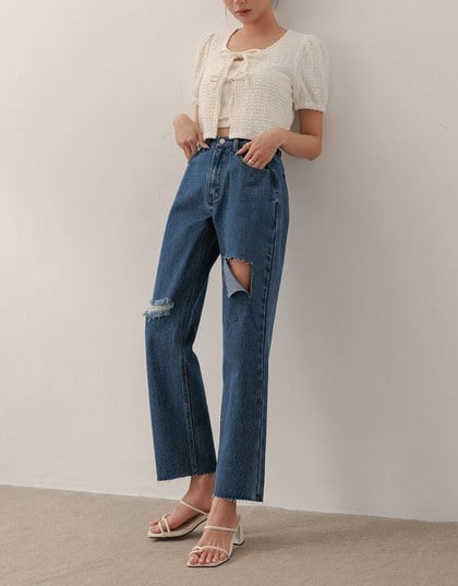 Asymmetric Ripped Frayed Hem Slim Fit Straight Leg Jeans Denim Pants