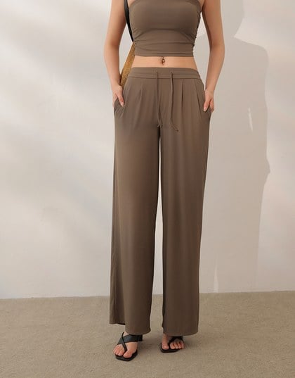 Cooling Fabric Front Pleated Wide Leg Pants with Drawstring Detail