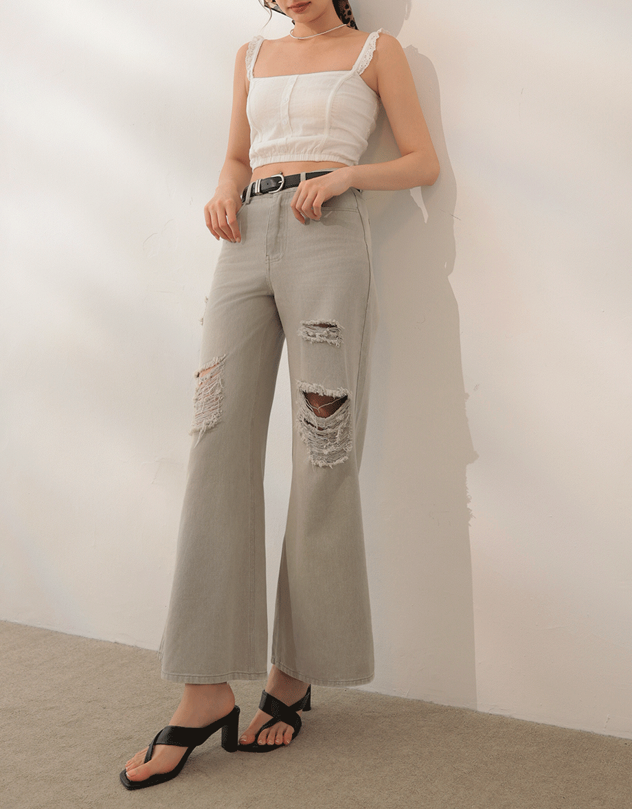 Raw Hem Distressed Detailed Wide Jeans Denim Pants with Belt