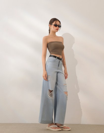 Raw Hem Distressed Detailed Wide Jeans Denim Pants with Belt