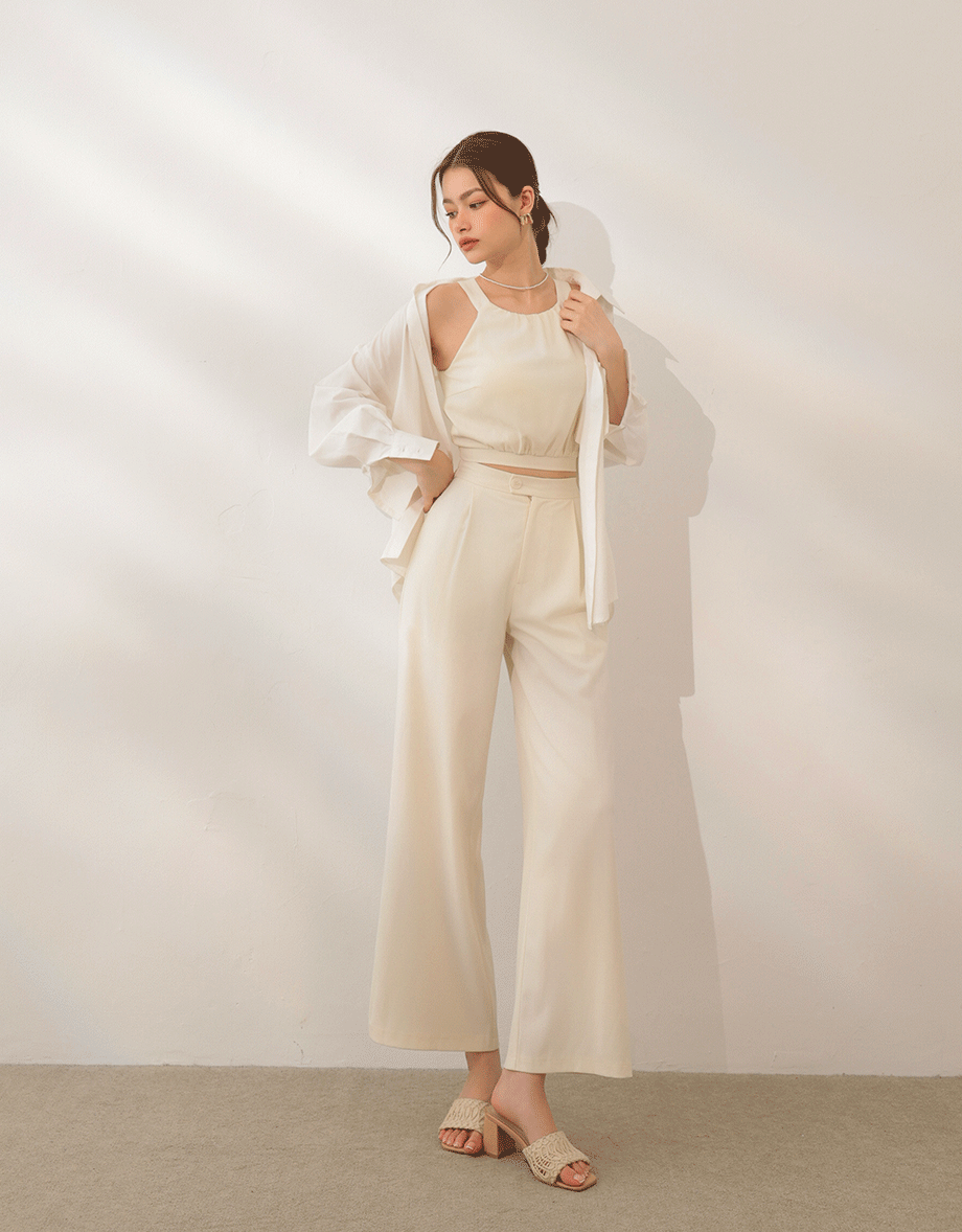 Textured Check High Waist Wide Leg Pleated Trousers