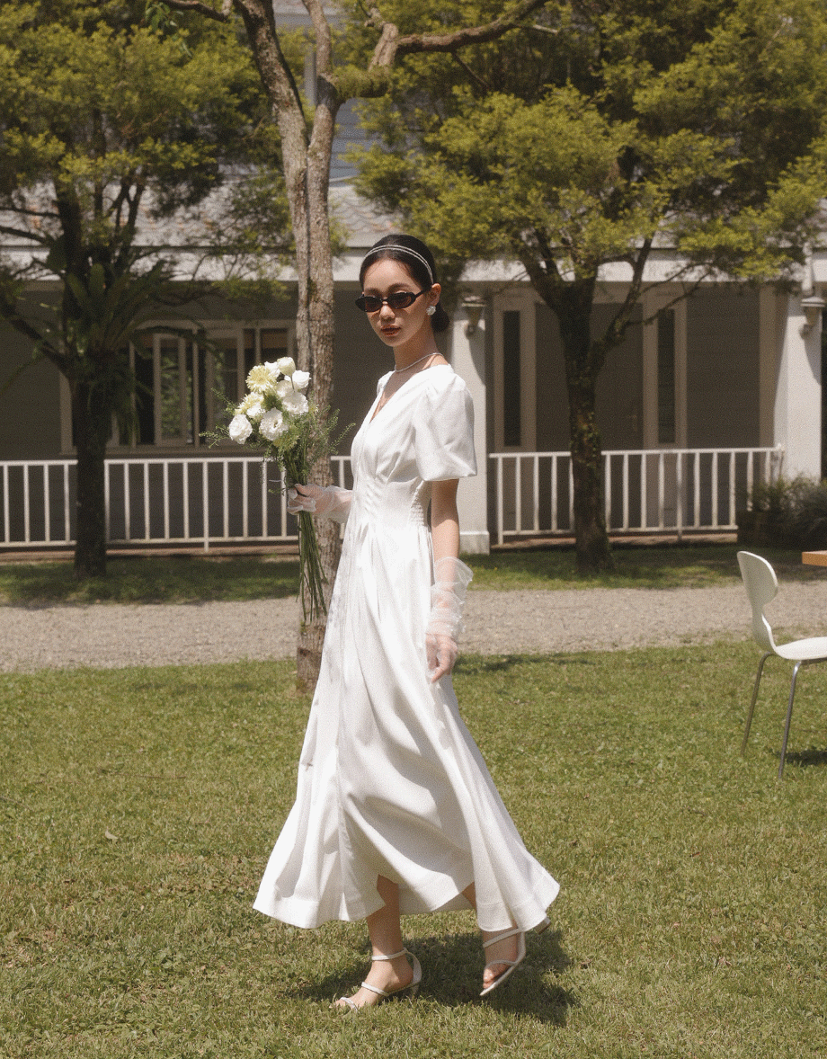 V Neck Button Front Puff Sleeve Flared Hem Maxi Dress