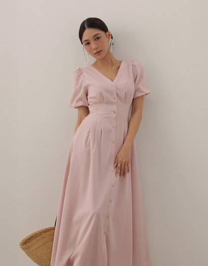 V Neck Button Front Puff Sleeve Flared Hem Maxi Dress