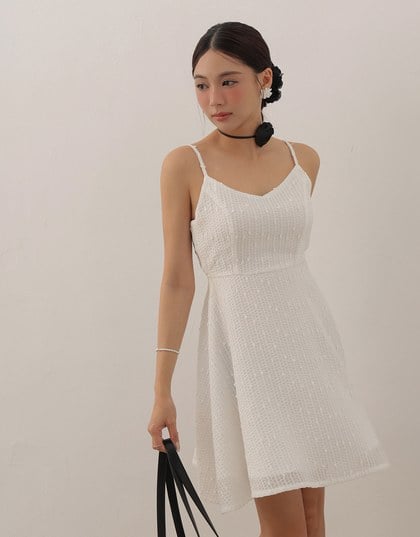 Textured Dot Weave Flare Mini Dress with Spaghetti Straps