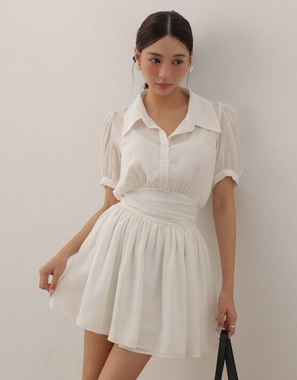 Sheer Chiffon Puff Sleeve Collared Mini Dress with Ruched Waistband Detail