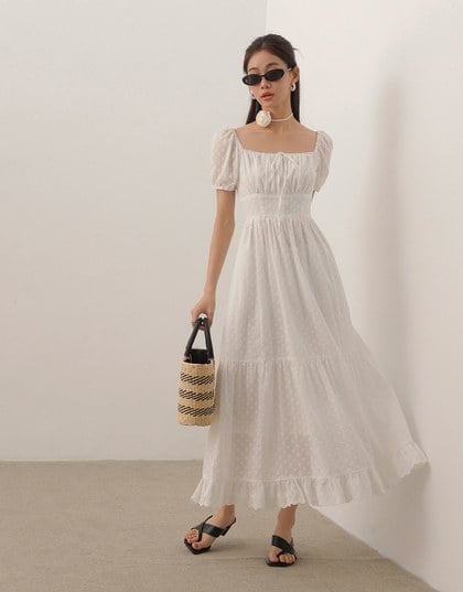 Embroidered Ditsy Floral Maxi Dress with Puff Sleeves and Ruffled Hem