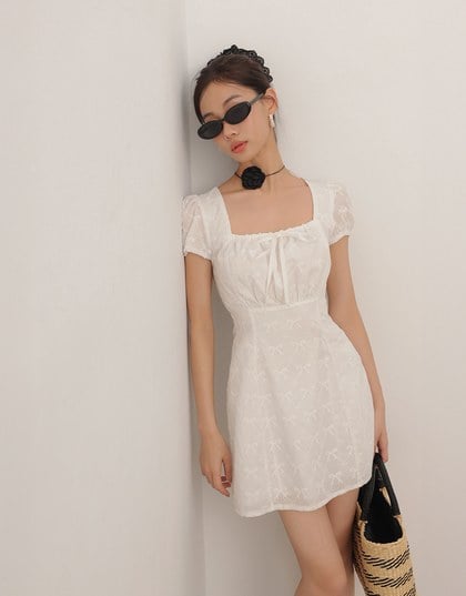 Square Neck Bow Embroidered Puff Sleeve Mini Dress