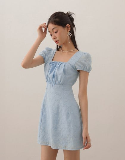 Square Neck Bow Embroidered Puff Sleeve Mini Dress