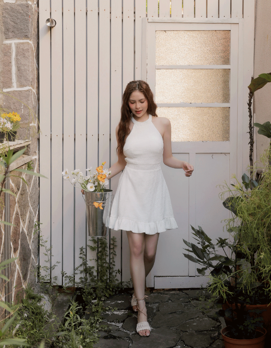 Textured Sleeveless Halter Padded Mini Dress with Ruffled Hem