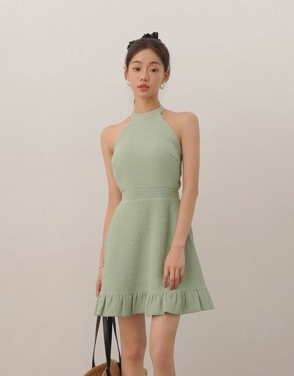 Textured Sleeveless Halter Padded Mini Dress with Ruffled Hem
