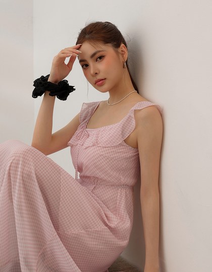 Sheer Ruffle Gingham Sleeveless Padded Maxi Dress
