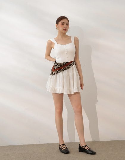 Pinstripe Texture Wide Strap Button Front Ruffle Tiered Mini Dress