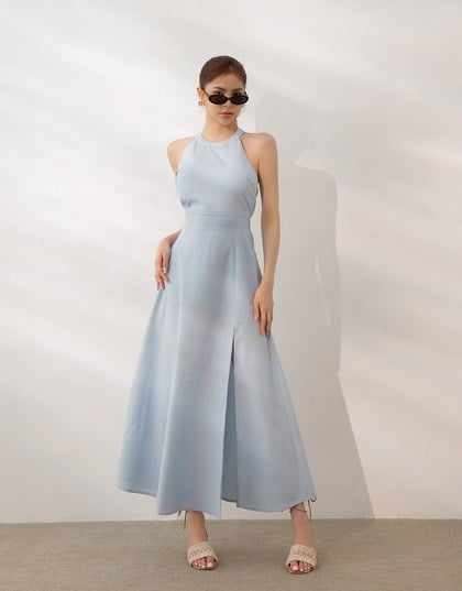 Beaded Back Tie Halterneck Padded Maxi Dress