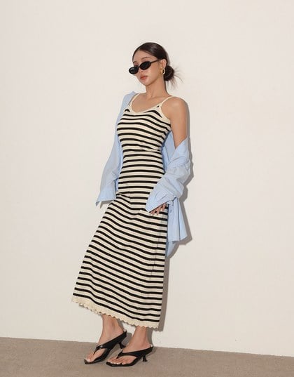 Contrast Trim V Neck Striped Knit Cami Fitted Maxi Dress