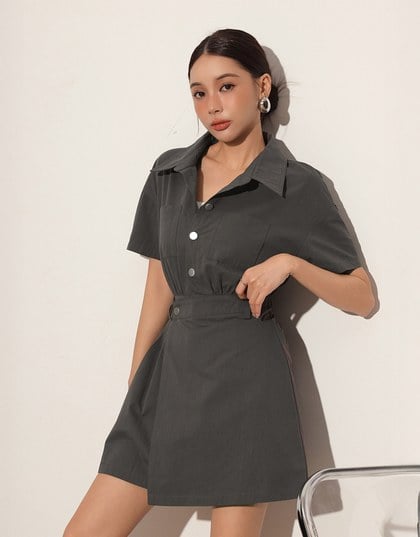 Short Sleeve Snap Button Shirt Collar Mini Dress