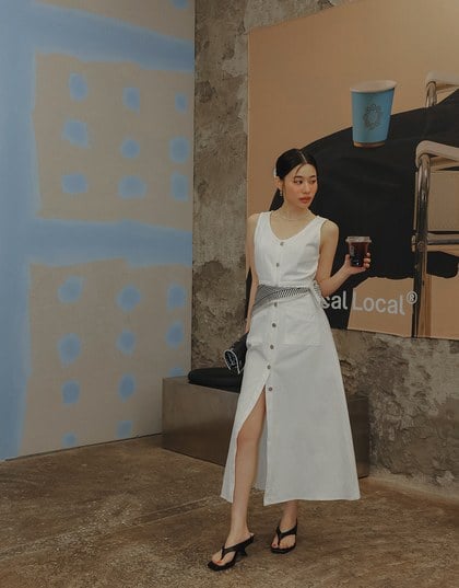 Sleeveless Button Front Maxi Dress with Pockets