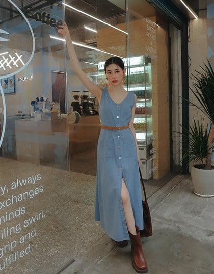 Sleeveless Button Front Maxi Dress with Pockets