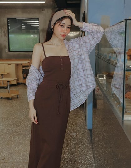 Buttoned Ribbed Knit Bodycon Padded Cami Maxi Dress