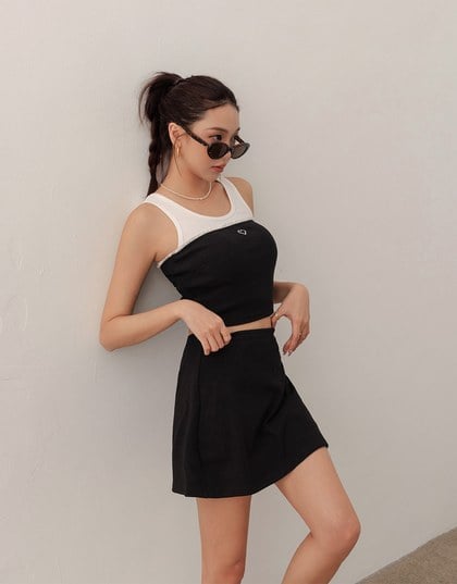 Heart Embroidery Ribbed Padded Tube Top and Basic A Line Mini Skirt Set Wear
