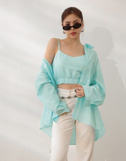 Gingham Outerwear Shirt and Elastic Hem Crop Top Set Wear