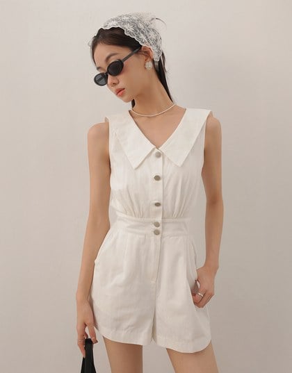 Sailor Collar Sleeveless Button Front Jumsuit
