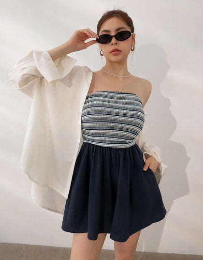 Colorful Knit Striped Texture Bandeau Padded Jumpsuit with Flowy Flared Shorts