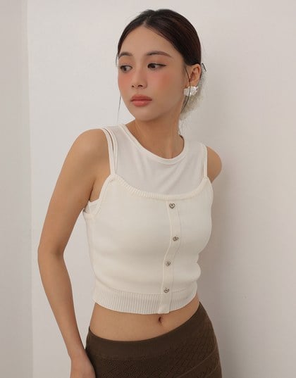 Heart Shaped Button Stretch Ribbed Knit Cami Crop Top