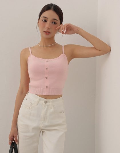 Heart Shaped Button Stretch Ribbed Knit Cami Crop Top