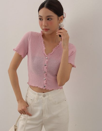 V Neck Ruffle Detail Stretch Knit Button Front Cropped Top