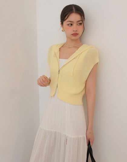 Sleeveless Knitted Zip Up Hoodie Vest Top