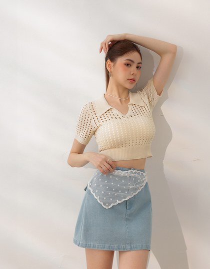 Short Sleeve V Neck Hollow Out Knit Crop Polo Top