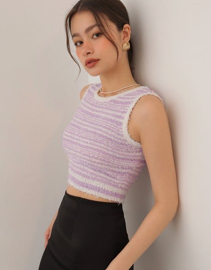 Textured Fringe Edge Striped Knit Cropped Tank Top