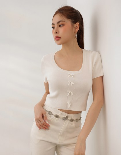 Fitted Knit Crop Top with Ribbon Bow Accent