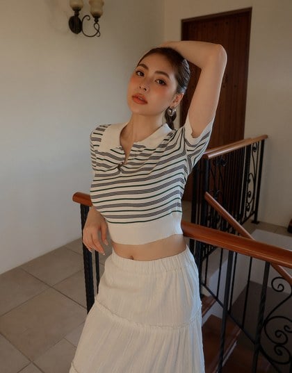 Classic Polo Inspired Stripe Knit Top with Stretch Hem