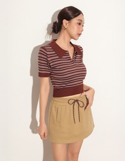 Classic Polo Inspired Stripe Knit Top with Stretch Hem