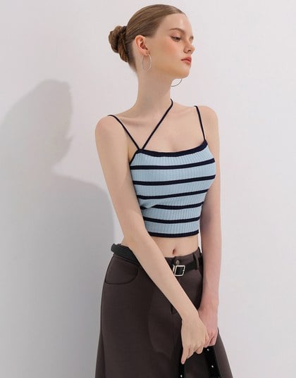 Striped Ribbed Knit Spaghetti Strap Halter Padded Crop Top