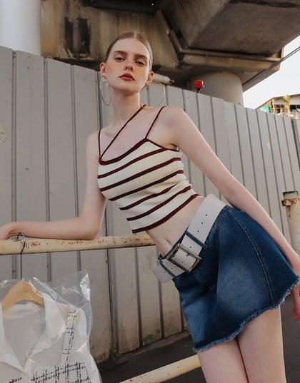 Striped Ribbed Knit Spaghetti Strap Halter Padded Crop Top
