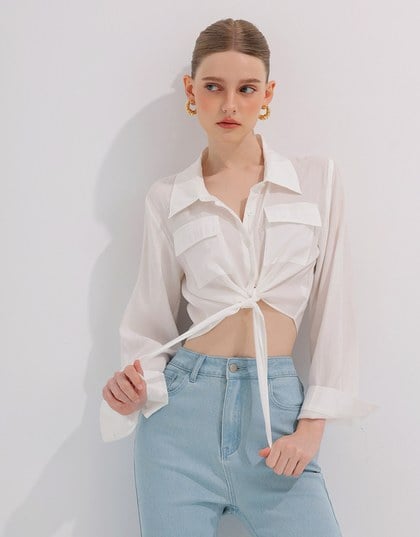 Tie Front Collared Shirt Blouse with Pockets