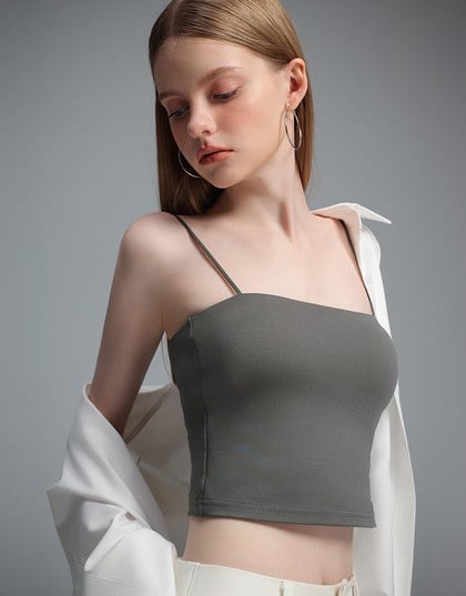 【Stain Resistant】Basic Spaghetti Strap Fitted Crop Cami Top