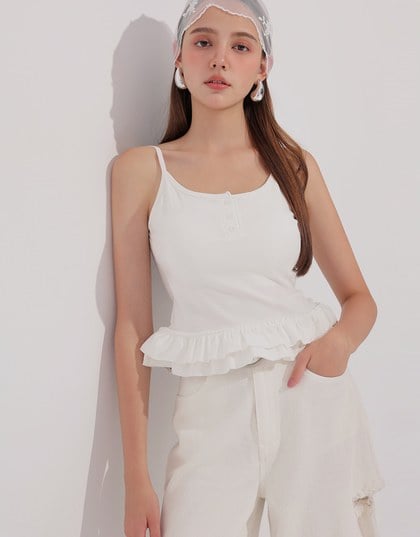 Fitted Knit Padded Cami Top with Flowy Ruffle Hemline