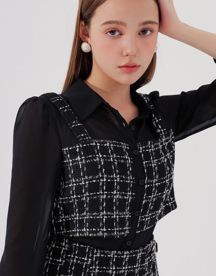 Tweed Style Checkered Panel Layered Button Front Shirt Blouse