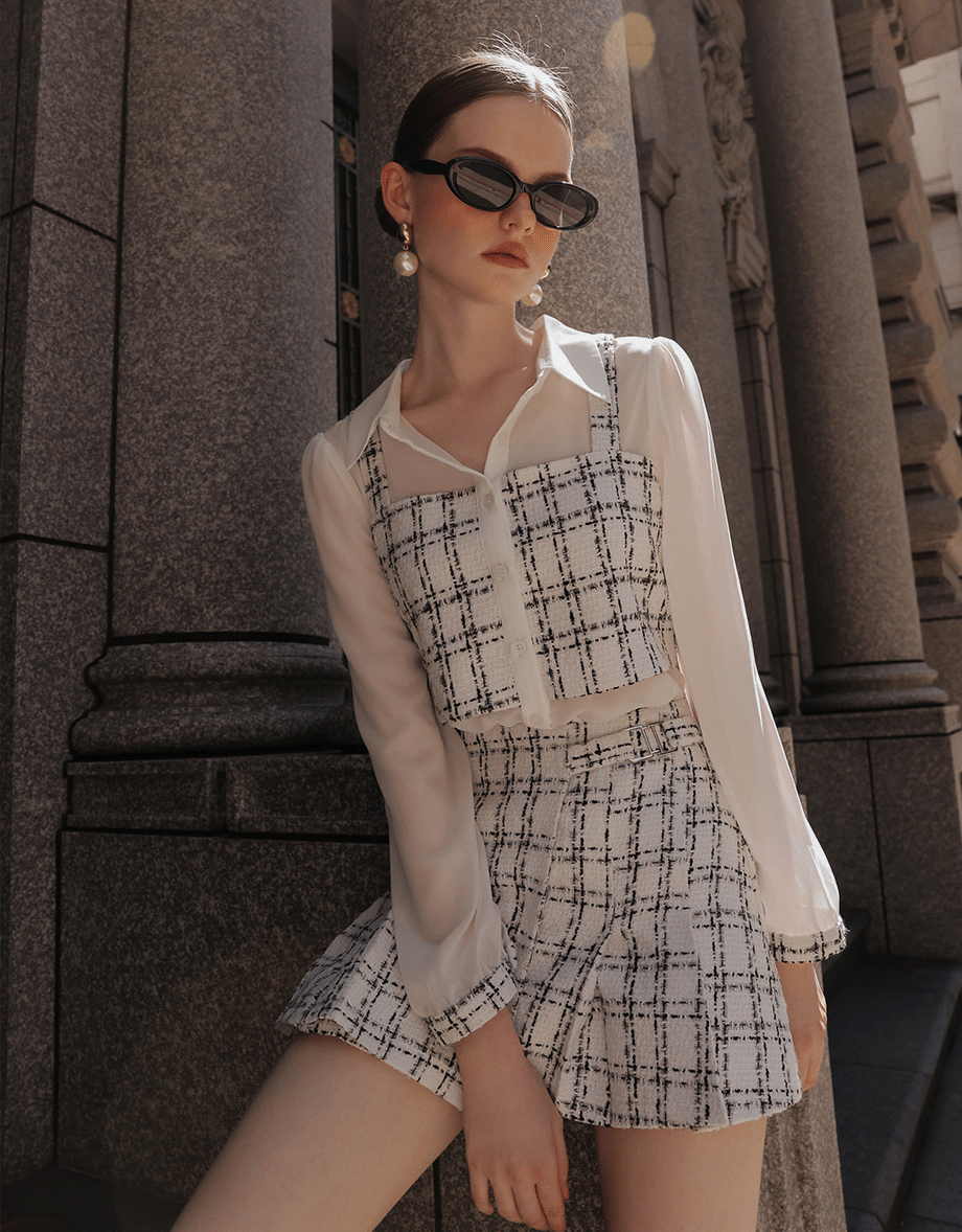 Tweed Style Checkered Panel Layered Button Front Shirt Blouse