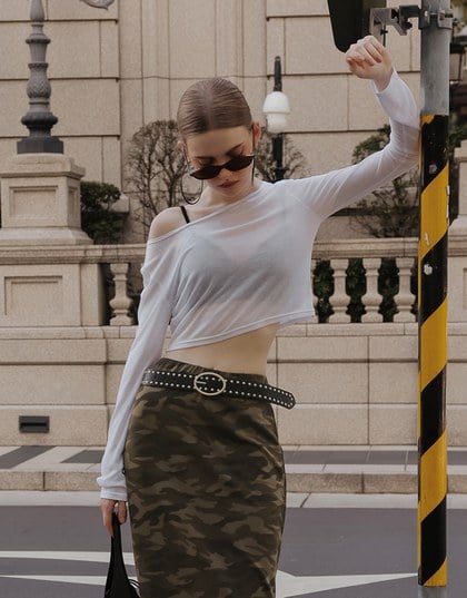Round Neck Sheer Mesh Long Sleeve Cropped Top