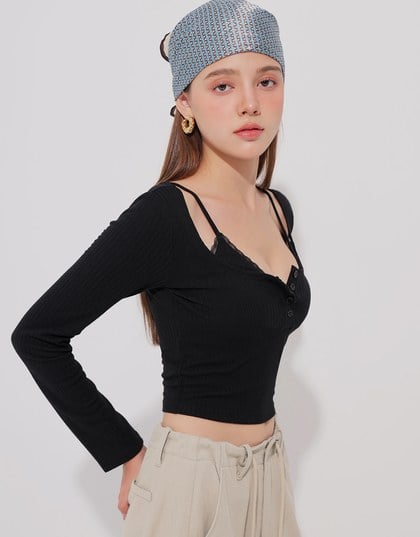 Faux 2 Piece Ribbed Knit Lace Trim Long Sleeve Crop Top