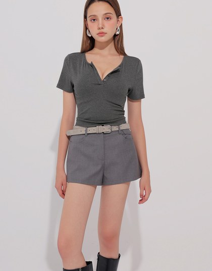 Button Front V Neck Fitted Crop Tee