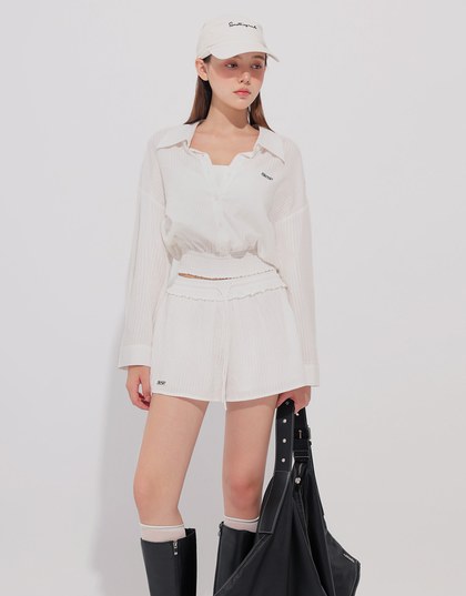 AIR SPACE Logo Embroidered Striped Smocked Hem Button Down Shirt Blouse