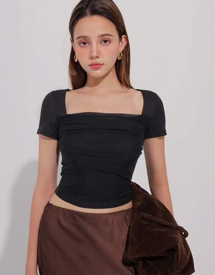 Mesh Panel Ruched Square Neck Ribbed Knit Crop Top