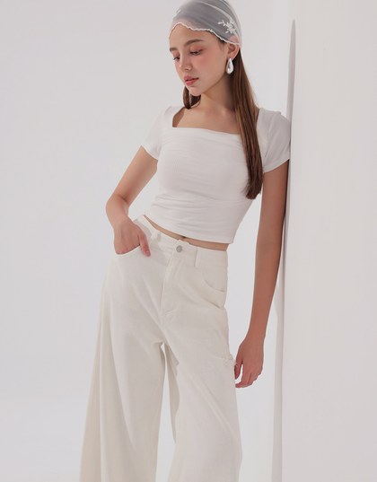 Mesh Panel Ruched Square Neck Ribbed Knit Crop Top