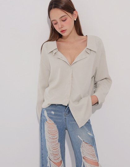 Lace Up Back Collar Long Sleeve Shirt Blouse