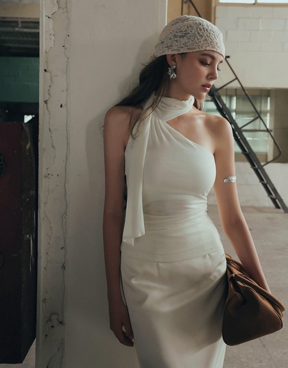 Asymmetrical One Shoulder  Padded Bra Top with Draped Scarf Detail